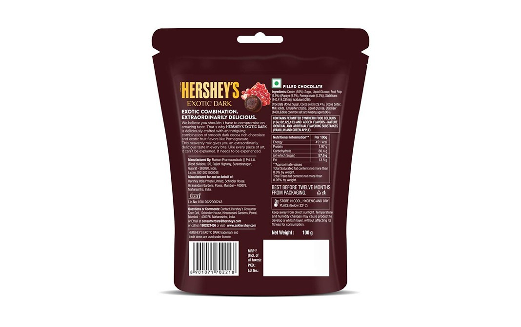 Hershey's Exotic Dark Pomegranate Flavored Center Chocolate   Pack  100 grams